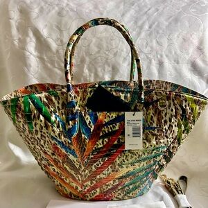BRAHMIN MIRA BOTANICAL MELBOURNE EXTRA LARGE TOTE TROPICAL, LEOPARD PRINT TAN